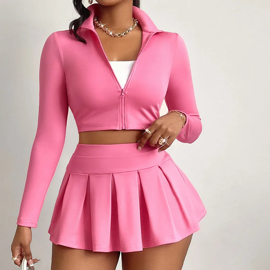 Sports Set – Zip-Up Crop Jacket and Pleated Skirt